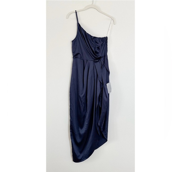 Lulus Law of Attraction One Shoulder Satin Dress Navy Blue Size Small NWT - Picture 5 of 6